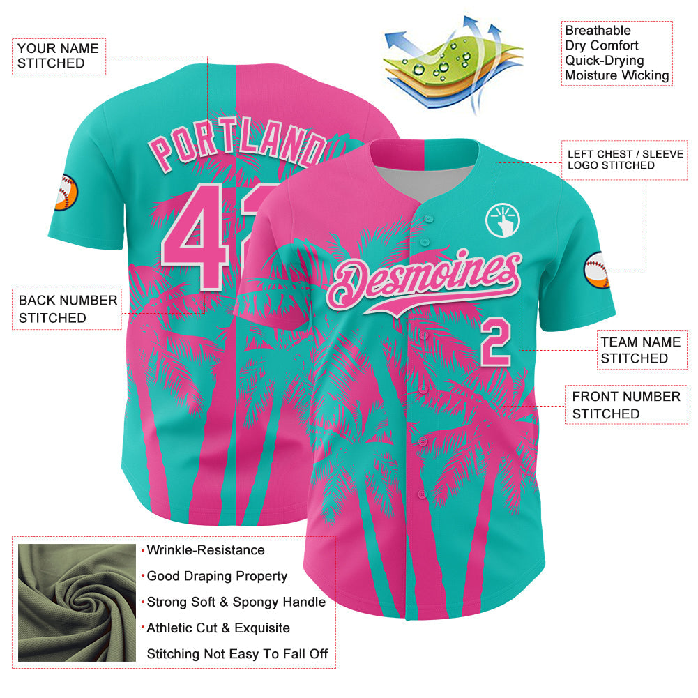 Custom Aqua Pink-White Hawaii Palm Trees Tropical Coconut Authentic Baseball Jersey baseball jersey product view 3