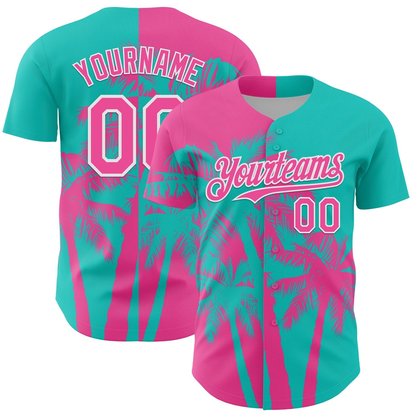 Custom Aqua Pink-White Hawaii Palm Trees Tropical Coconut Authentic Baseball Jersey baseball jersey product view 1