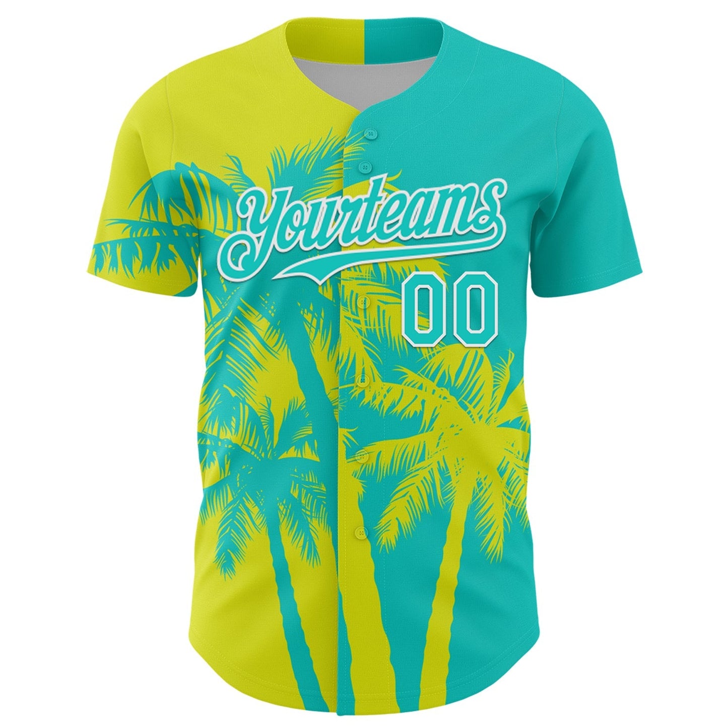 Custom Aqua Neon Yellow-White Hawaii Palm Trees Tropical Coconut Authentic Baseball Jersey baseball jersey product view 2