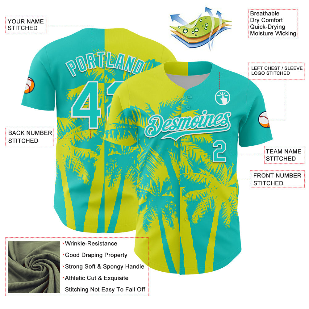 Custom Aqua Neon Yellow-White Hawaii Palm Trees Tropical Coconut Authentic Baseball Jersey baseball jersey product view 3