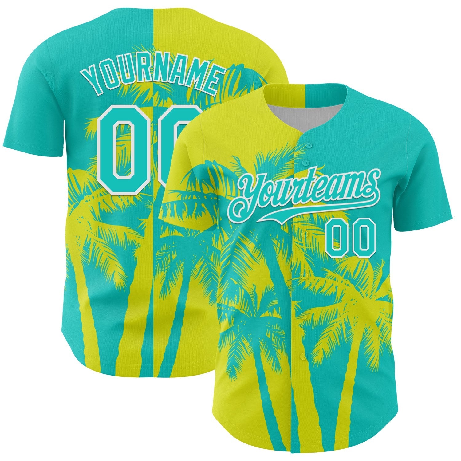 Custom Aqua Neon Yellow-White Hawaii Palm Trees Tropical Coconut Authentic Baseball Jersey baseball jersey product view 1