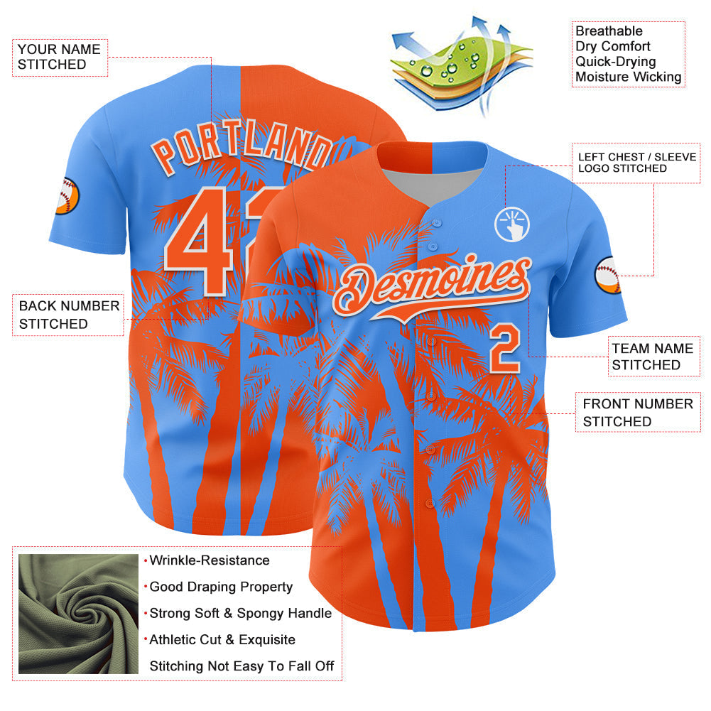 Custom Electric Blue Orange-White Hawaii Palm Trees Tropical Coconut Authentic Baseball Jersey baseball jersey product view 3