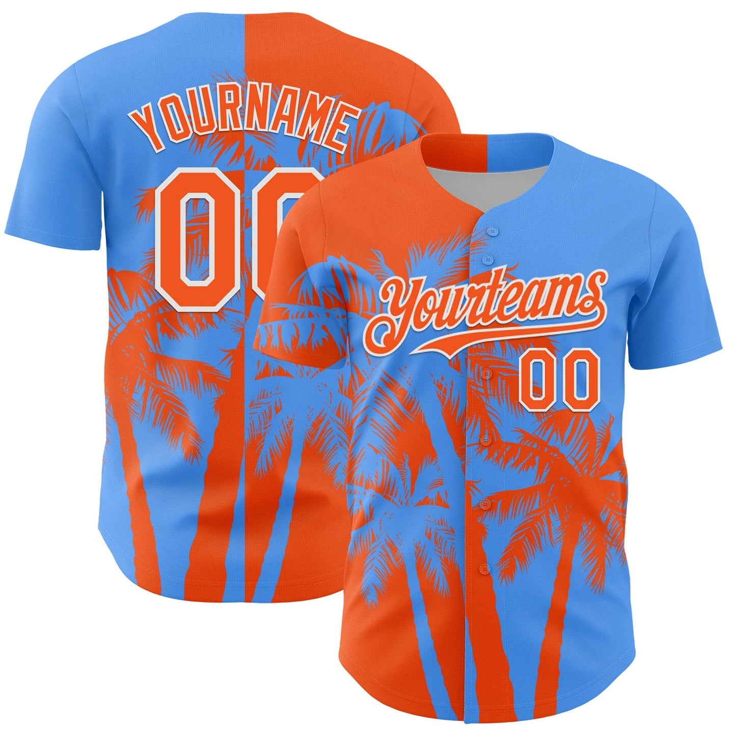 Custom Electric Blue Orange-White Hawaii Palm Trees Tropical Coconut Authentic Baseball Jersey baseball jersey product view 1