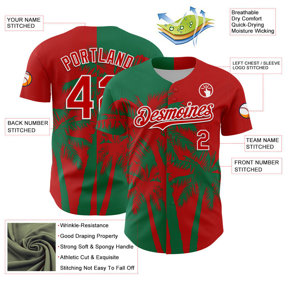 Custom Red Kelly Green-White Hawaii Palm Trees Tropical Coconut Authentic Baseball Jersey baseball jersey product view 3