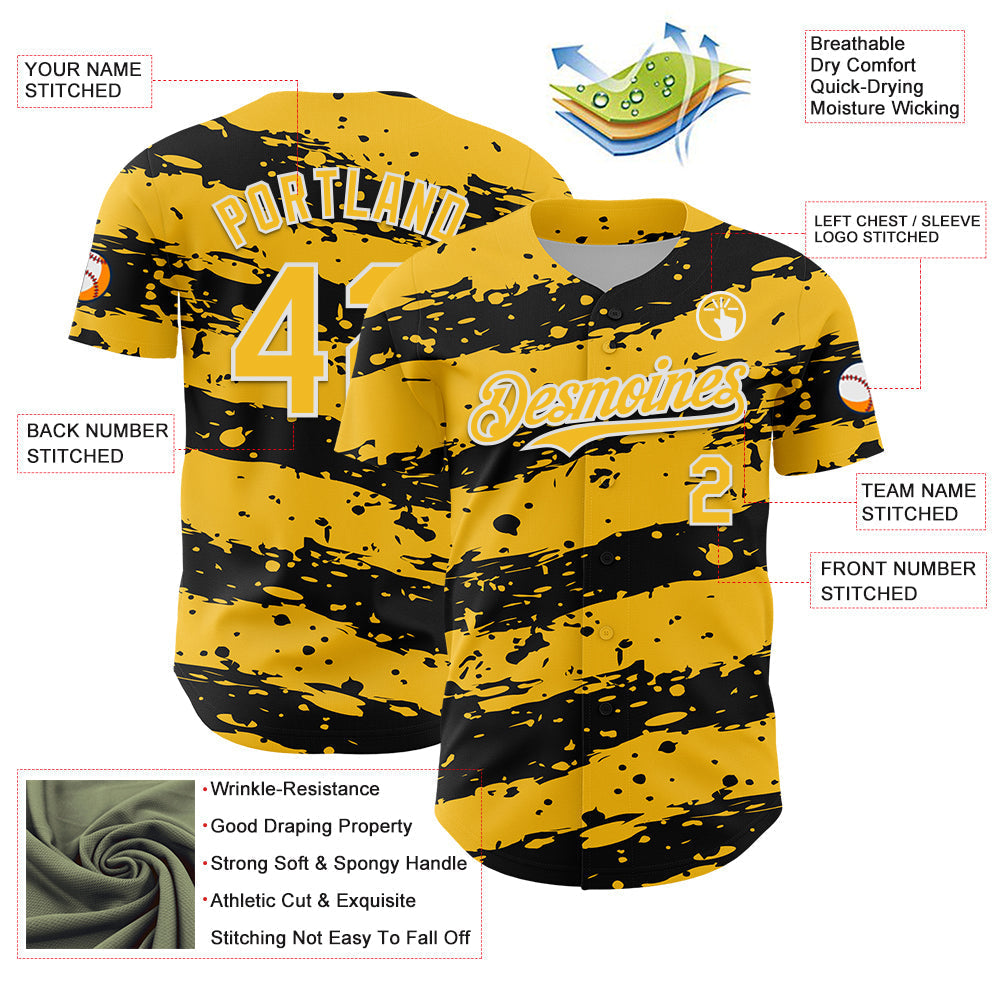 Custom Gold Black-White Paint Splash Stripe Authentic Baseball Jersey baseball jersey product view 3