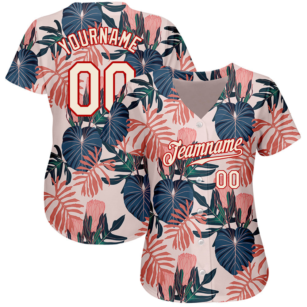 Custom Cream Red 3D Pattern Design Hawaii Palm Leaves And Flowers Authentic Baseball Jersey baseball jersey product view 2