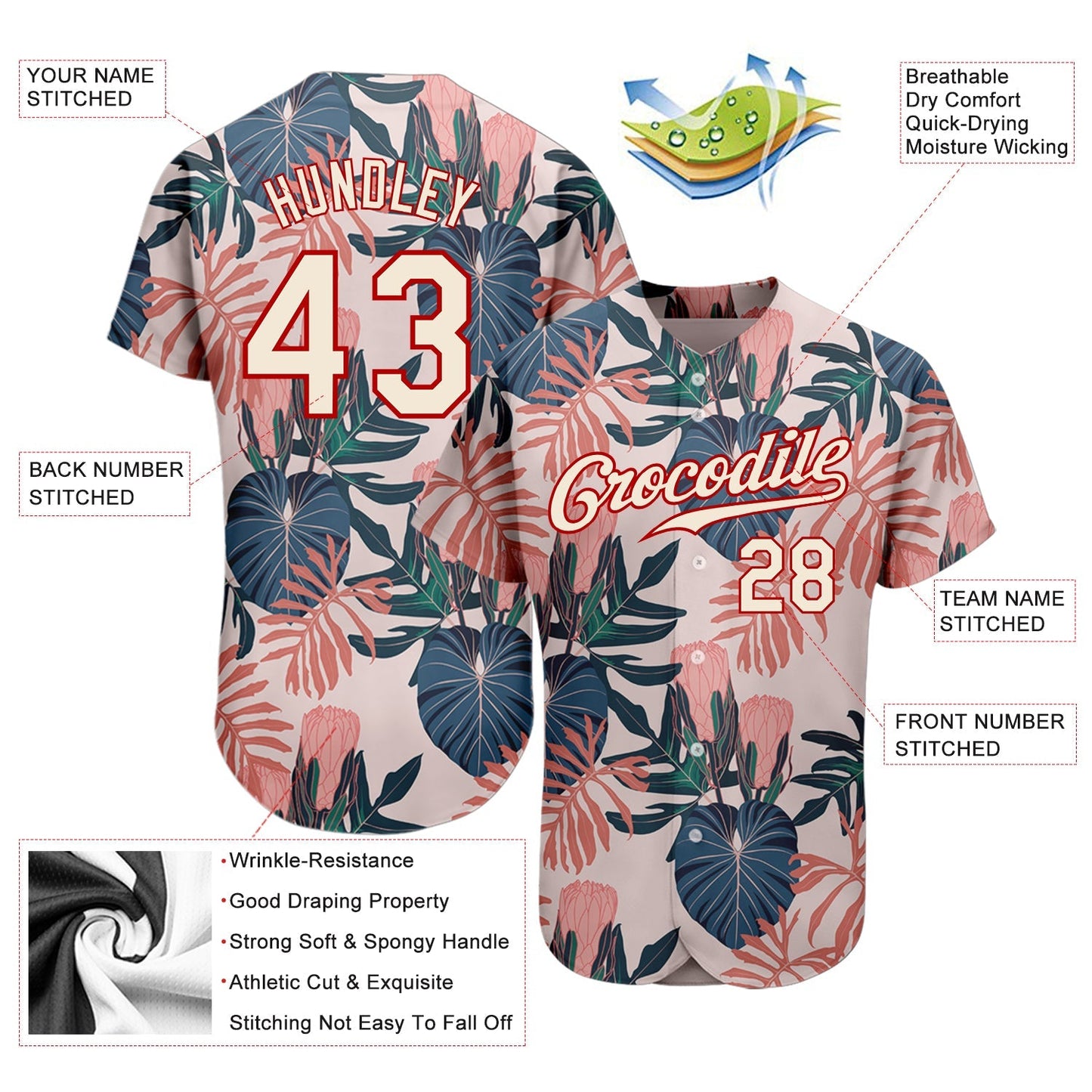 Custom Cream Red 3D Pattern Design Hawaii Palm Leaves And Flowers Authentic Baseball Jersey baseball jersey product view 3