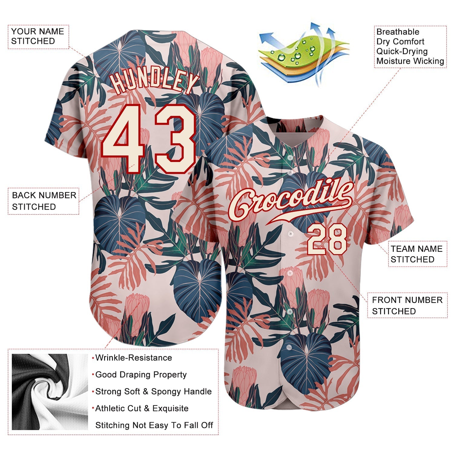 Custom Cream Red 3D Pattern Design Hawaii Palm Leaves And Flowers Authentic Baseball Jersey baseball jersey product view 3