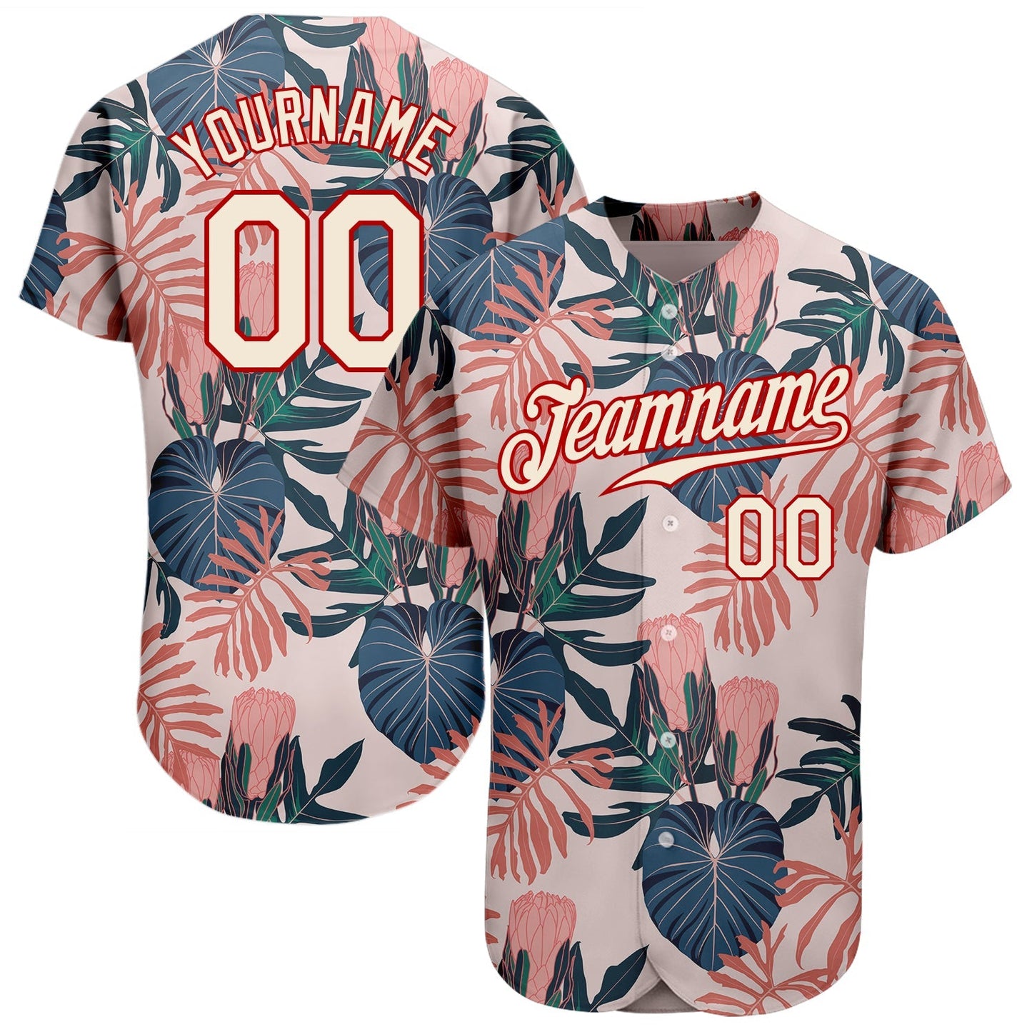 Custom Cream Red 3D Pattern Design Hawaii Palm Leaves And Flowers Authentic Baseball Jersey baseball jersey product view 1