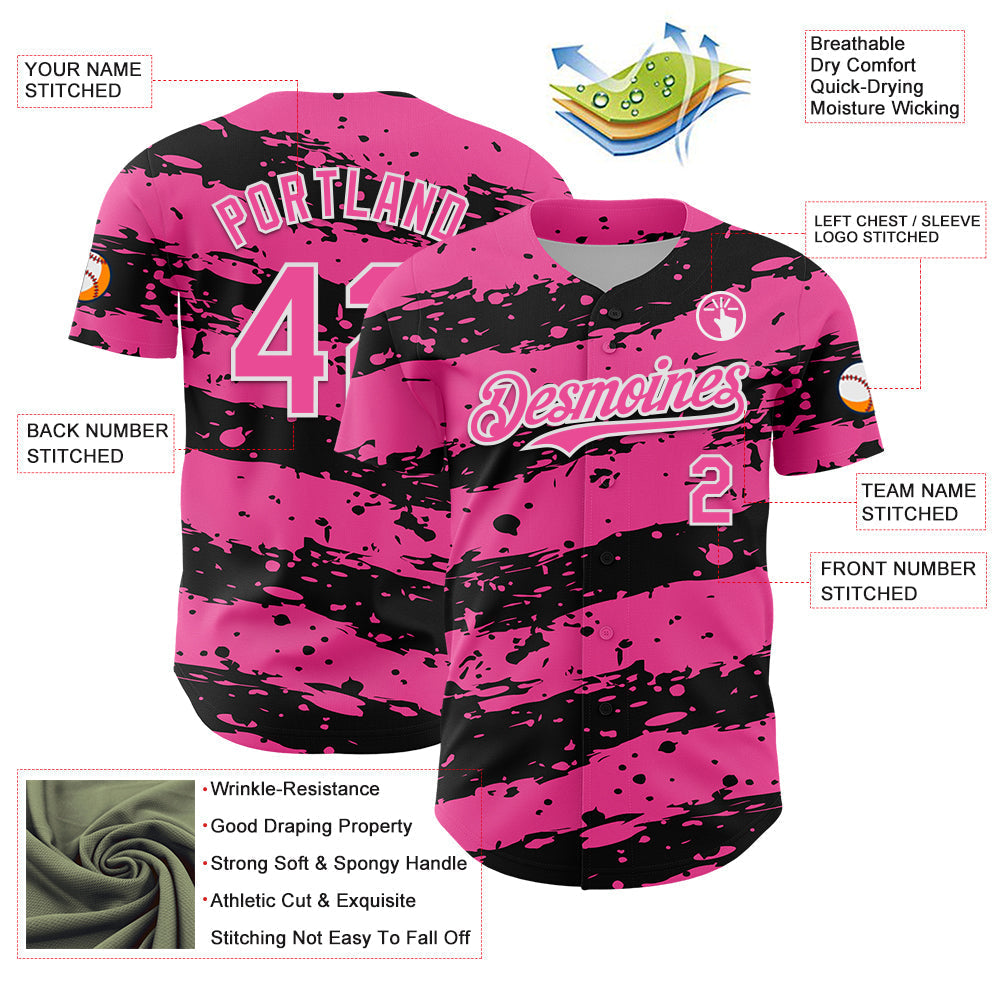 Custom Pink Black-White Paint Splash Stripe Authentic Baseball Jersey baseball jersey product view 3