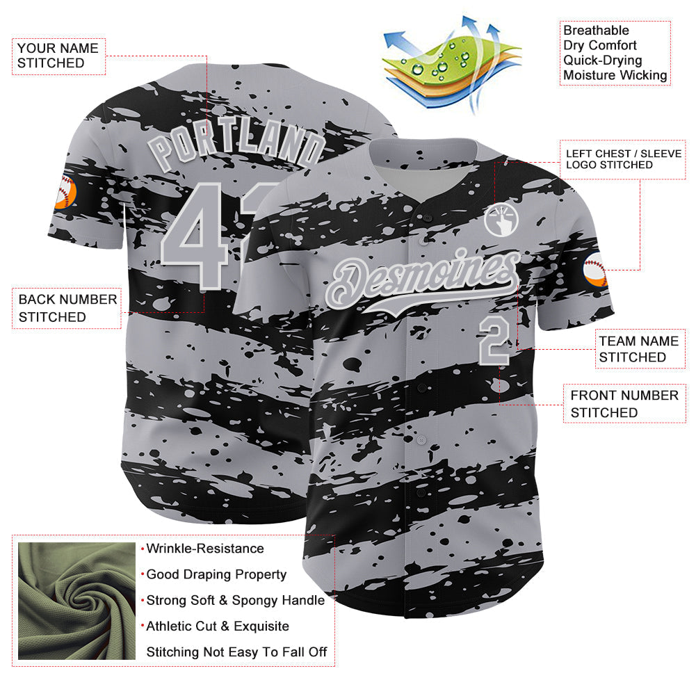 Custom Gray Black-White Paint Splash Stripe Authentic Baseball Jersey baseball jersey product view 3