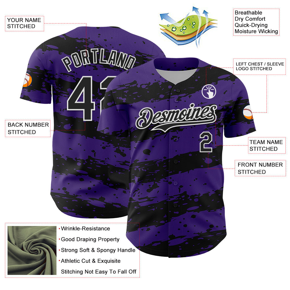 Custom Purple Black-White Paint Splash Stripe Authentic Baseball Jersey baseball jersey product view 3