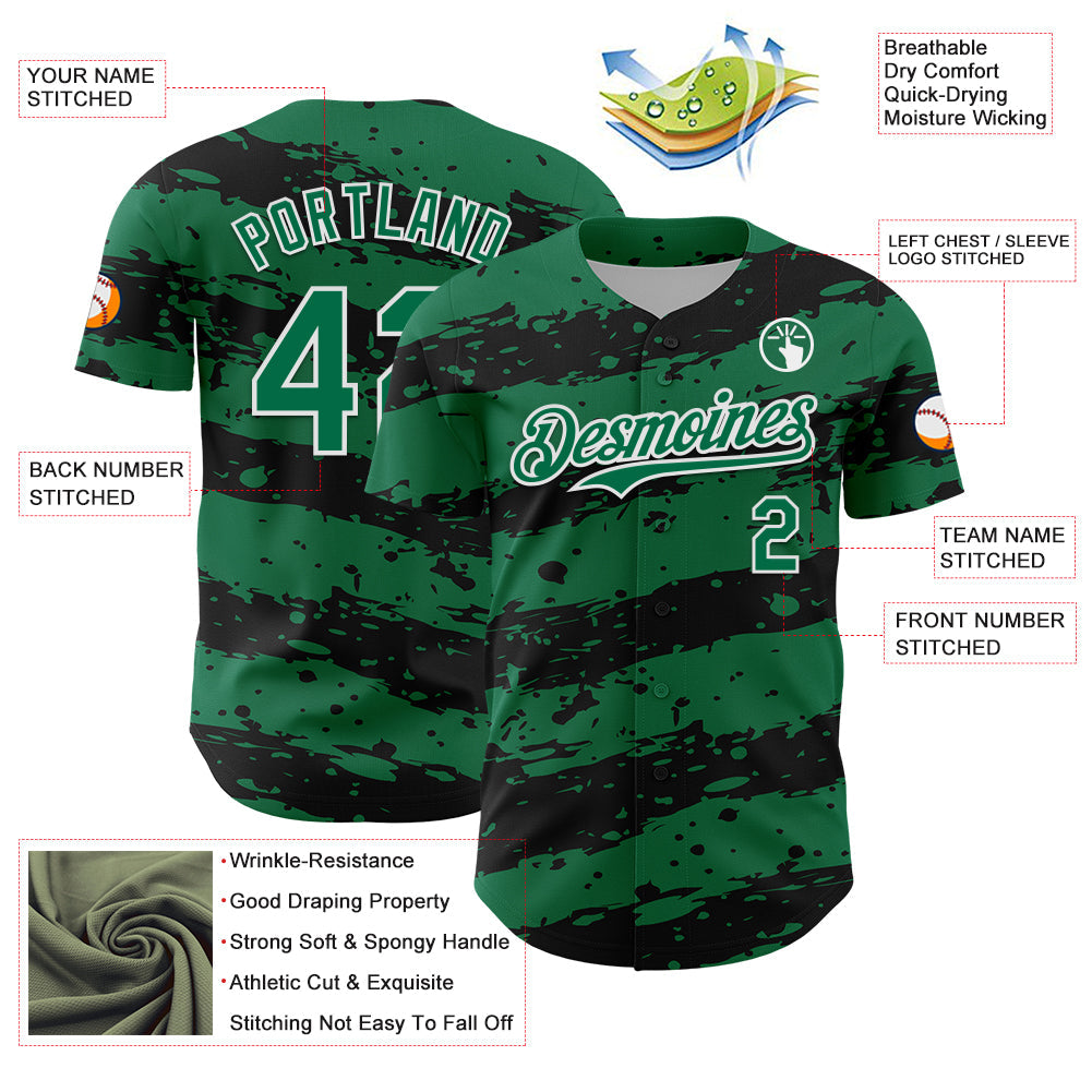 Custom Kelly Green Black-White Paint Splash Stripe Authentic Baseball Jersey baseball jersey product view 3