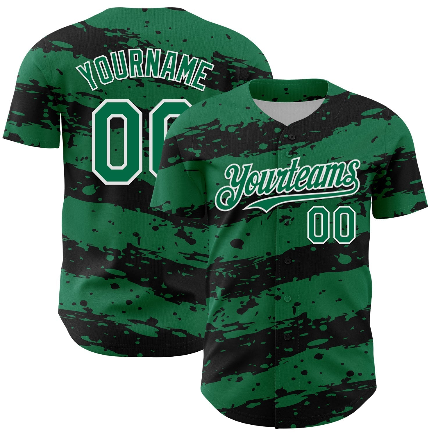 Custom Kelly Green Black-White Paint Splash Stripe Authentic Baseball Jersey baseball jersey product view 1