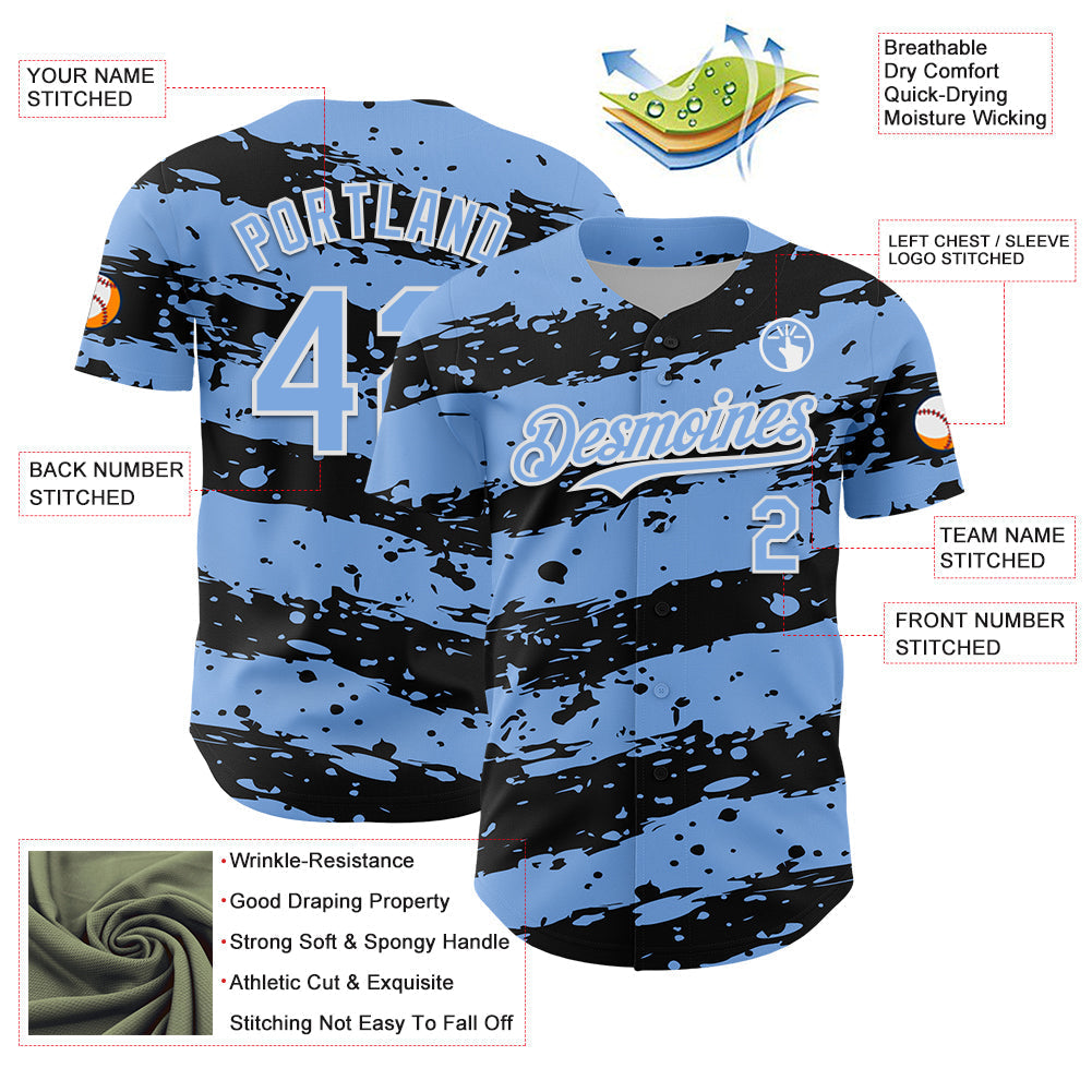 Custom Light Blue Black-White Paint Splash Stripe Authentic Baseball Jersey baseball jersey product view 3