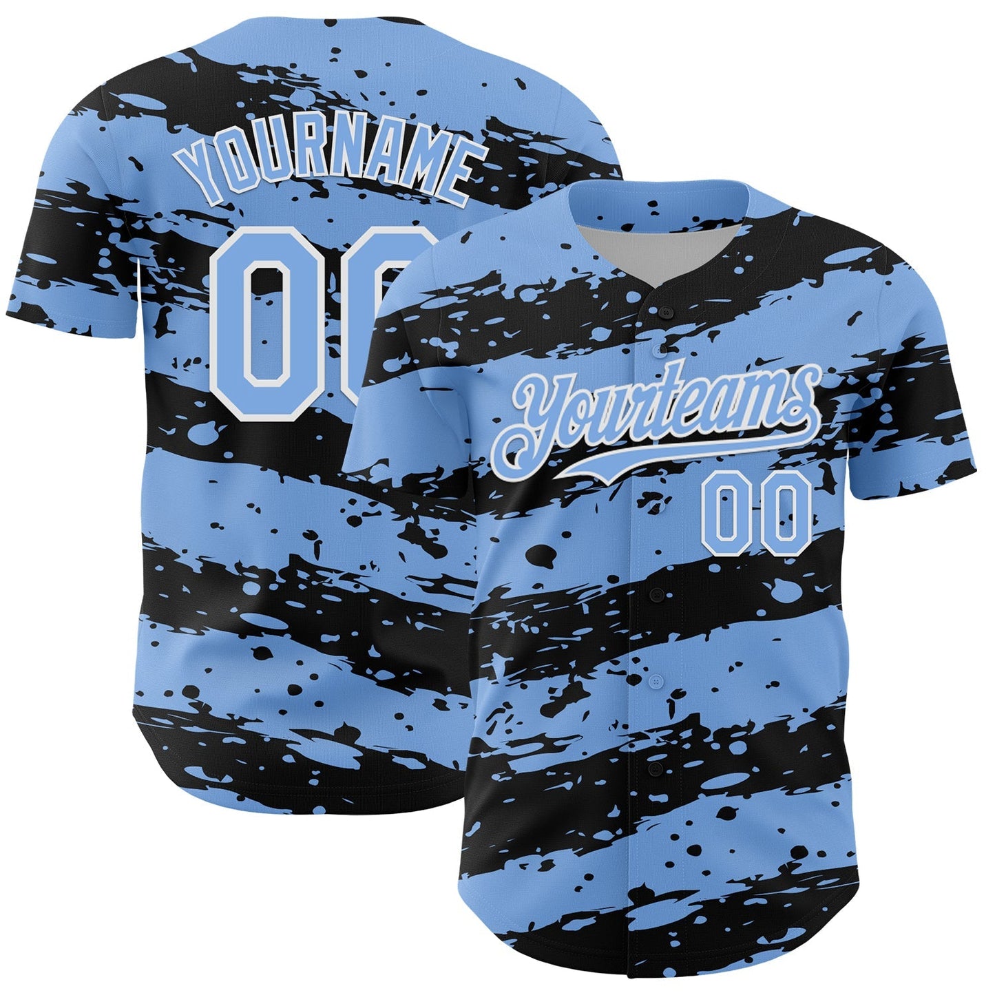 Custom Light Blue Black-White Paint Splash Stripe Authentic Baseball Jersey baseball jersey product view 1