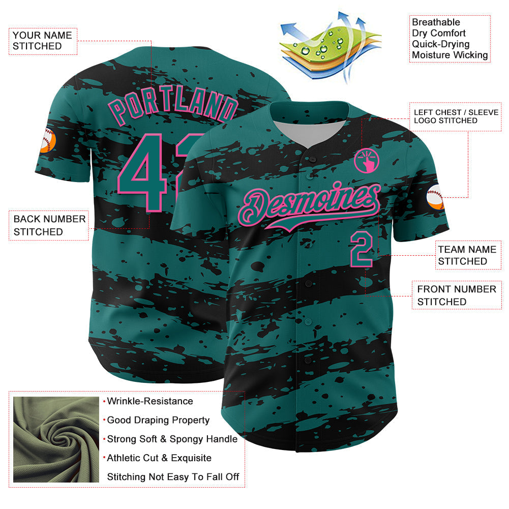 Custom Teal Black-Pink Paint Splash Stripe Authentic Baseball Jersey baseball jersey product view 3