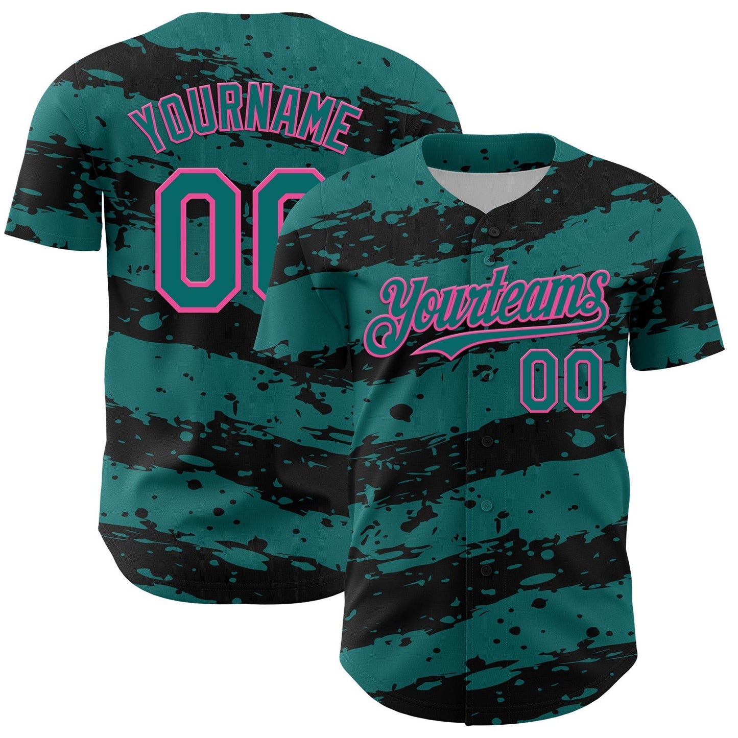 Custom Teal Black-Pink Paint Splash Stripe Authentic Baseball Jersey baseball jersey product view 1