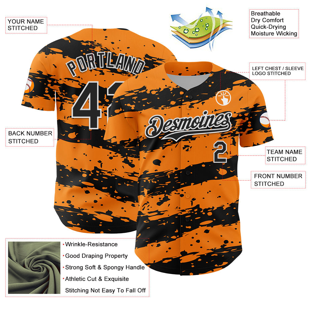 Custom Bay Orange Black-White Paint Splash Stripe Authentic Baseball Jersey baseball jersey product view 3
