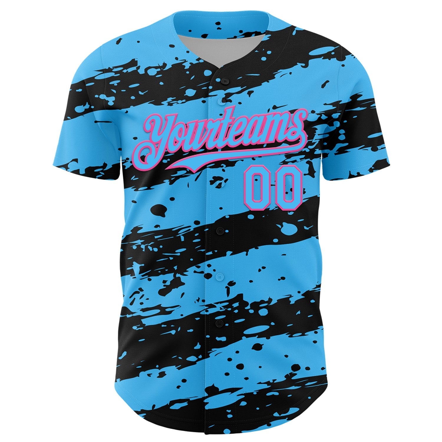 Custom Sky Blue Black-Pink Paint Splash Stripe Authentic Baseball Jersey baseball jersey product view 2