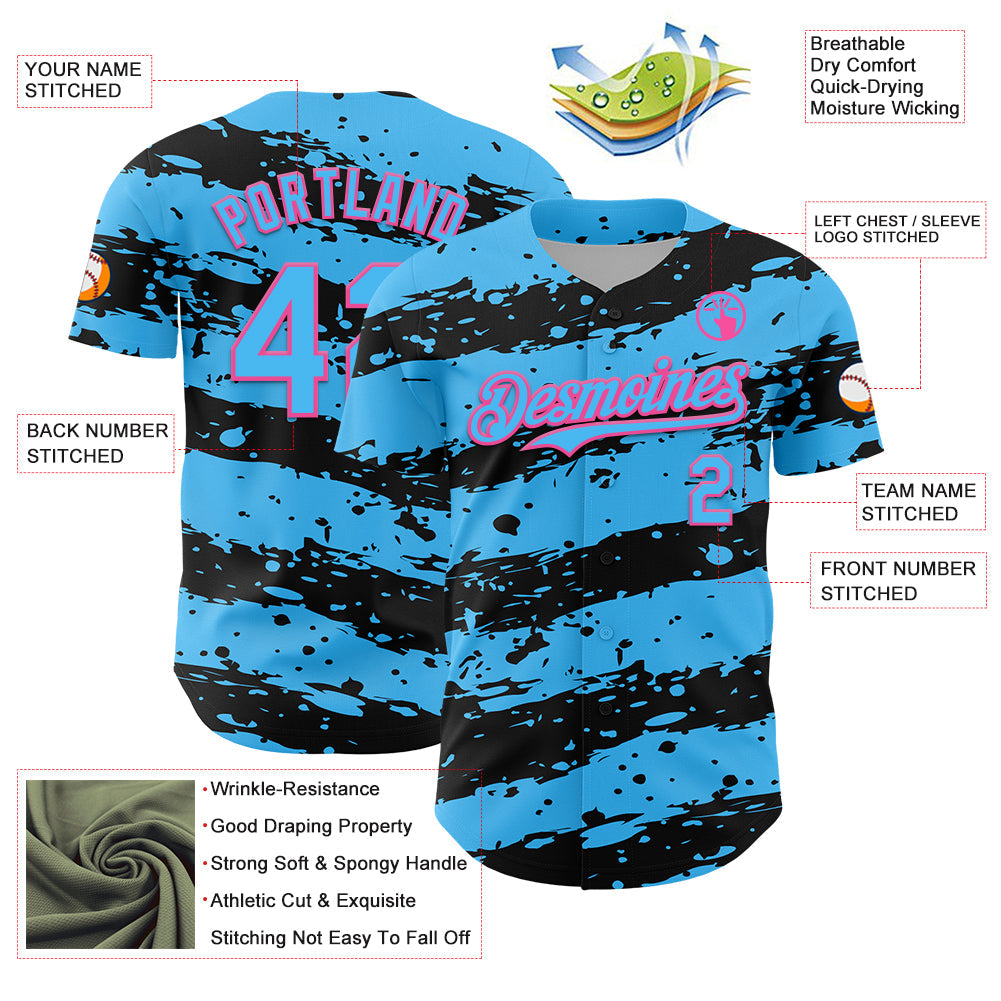 Custom Sky Blue Black-Pink Paint Splash Stripe Authentic Baseball Jersey baseball jersey product view 3