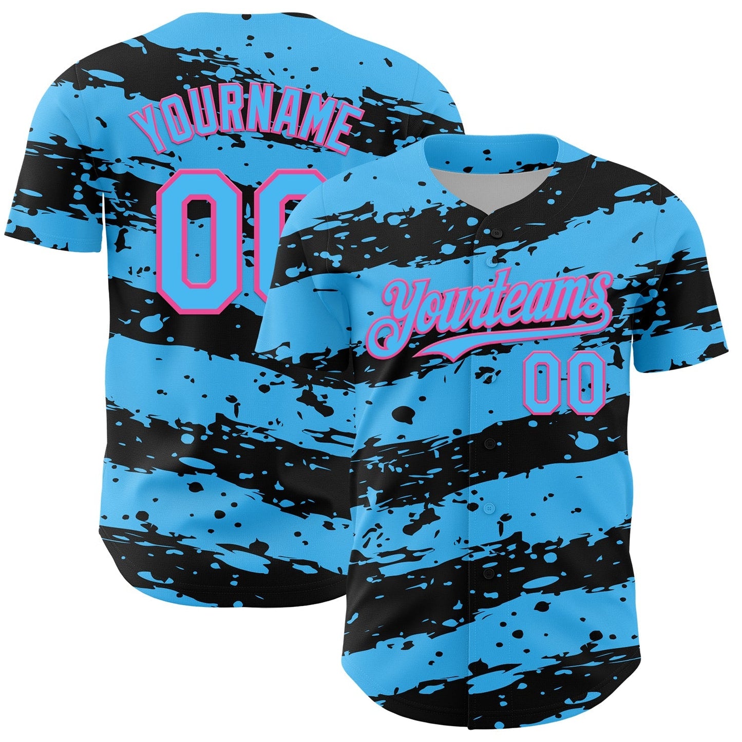 Custom Sky Blue Black-Pink Paint Splash Stripe Authentic Baseball Jersey baseball jersey product view 1