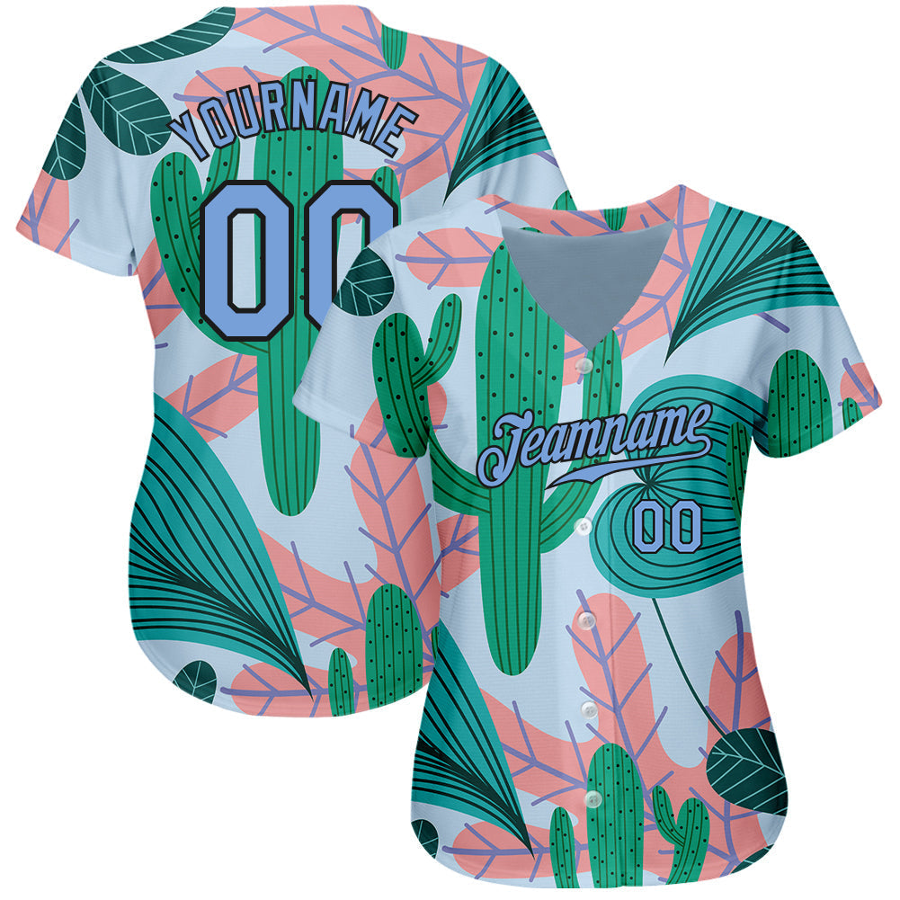 Custom Sky Blue Light Blue-Black 3D Pattern Design Cactus And Leaves Authentic Baseball Jersey baseball jersey product view 2
