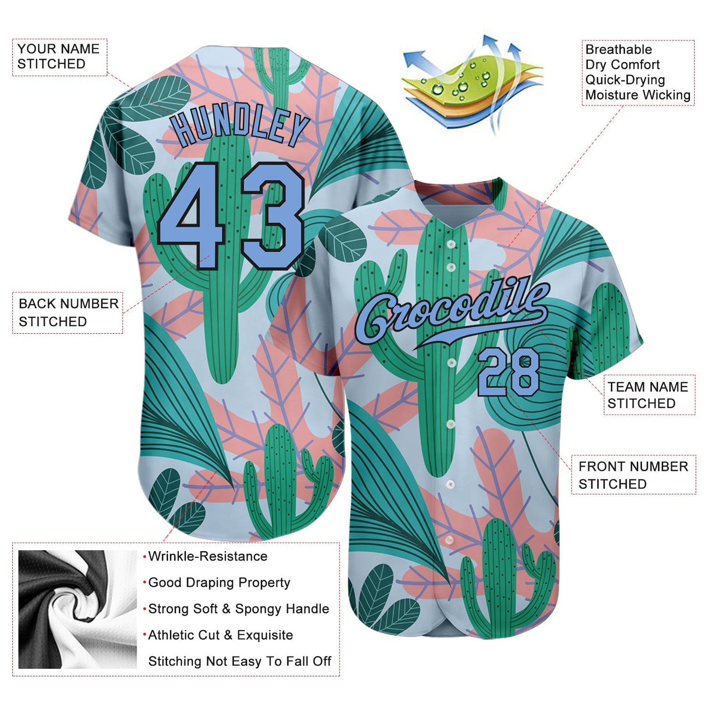 Custom Sky Blue Light Blue-Black 3D Pattern Design Cactus And Leaves Authentic Baseball Jersey baseball jersey product view 3