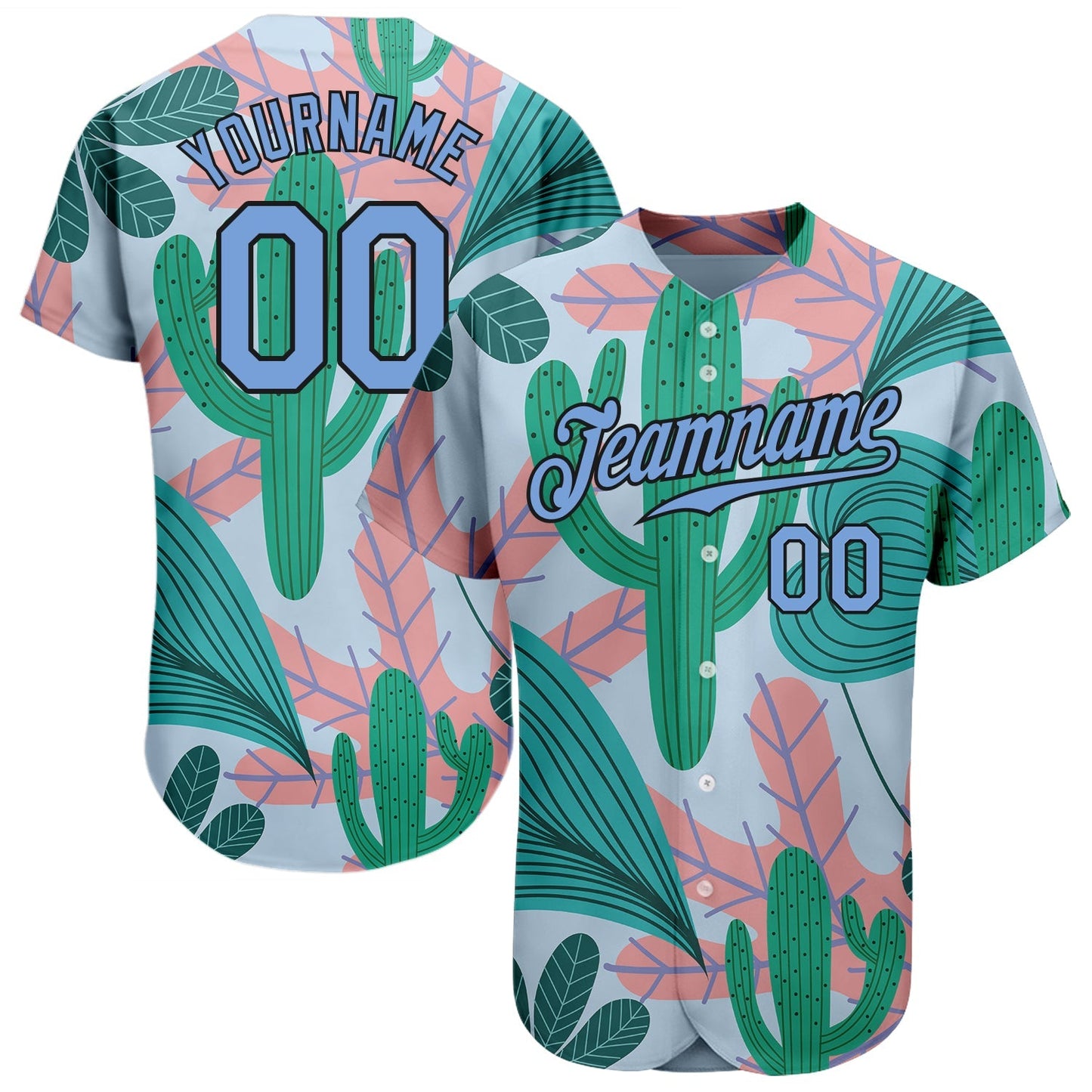 Custom Sky Blue Light Blue-Black 3D Pattern Design Cactus And Leaves Authentic Baseball Jersey baseball jersey product view 1