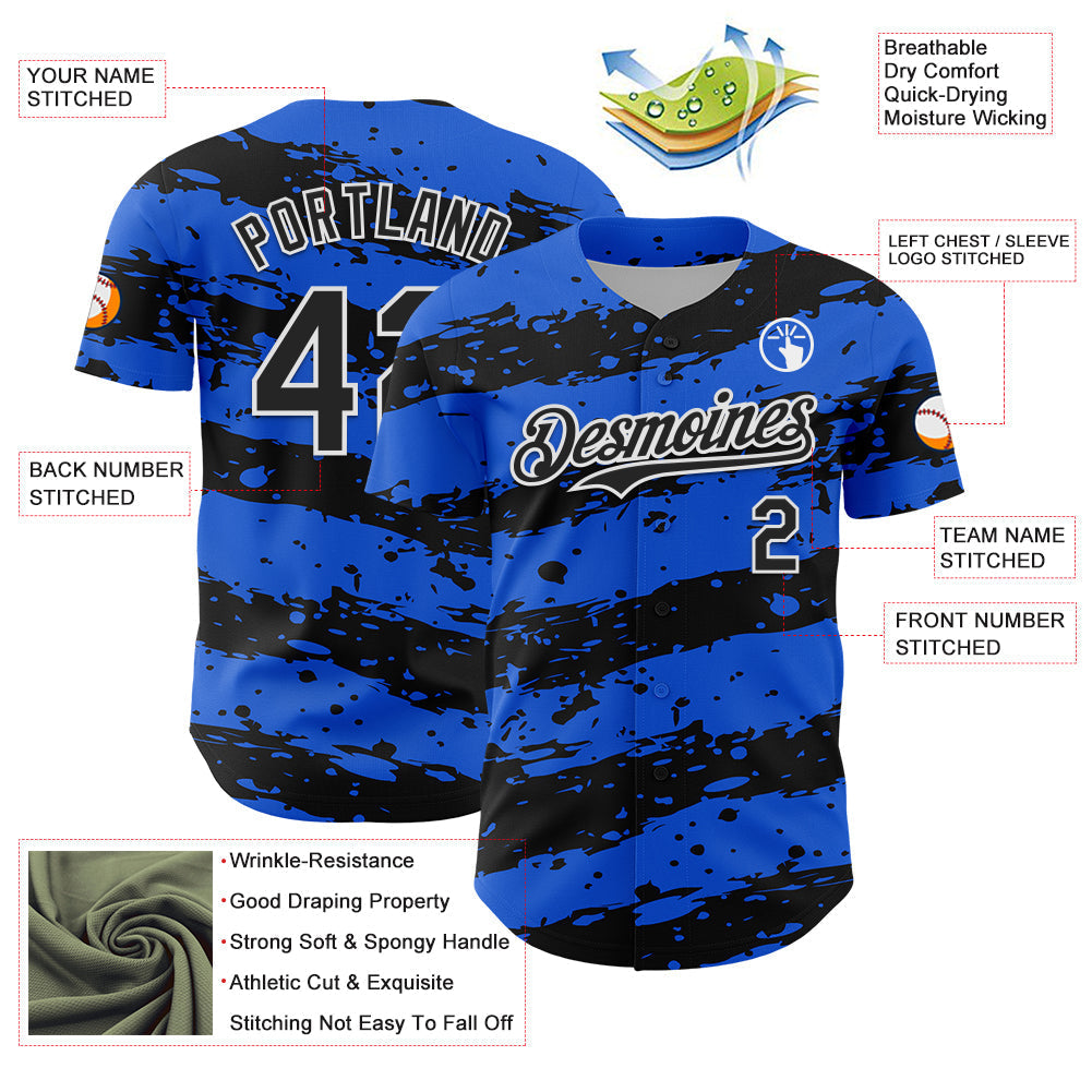 Custom Thunder Blue Black-White Paint Splash Stripe Authentic Baseball Jersey baseball jersey product view 3