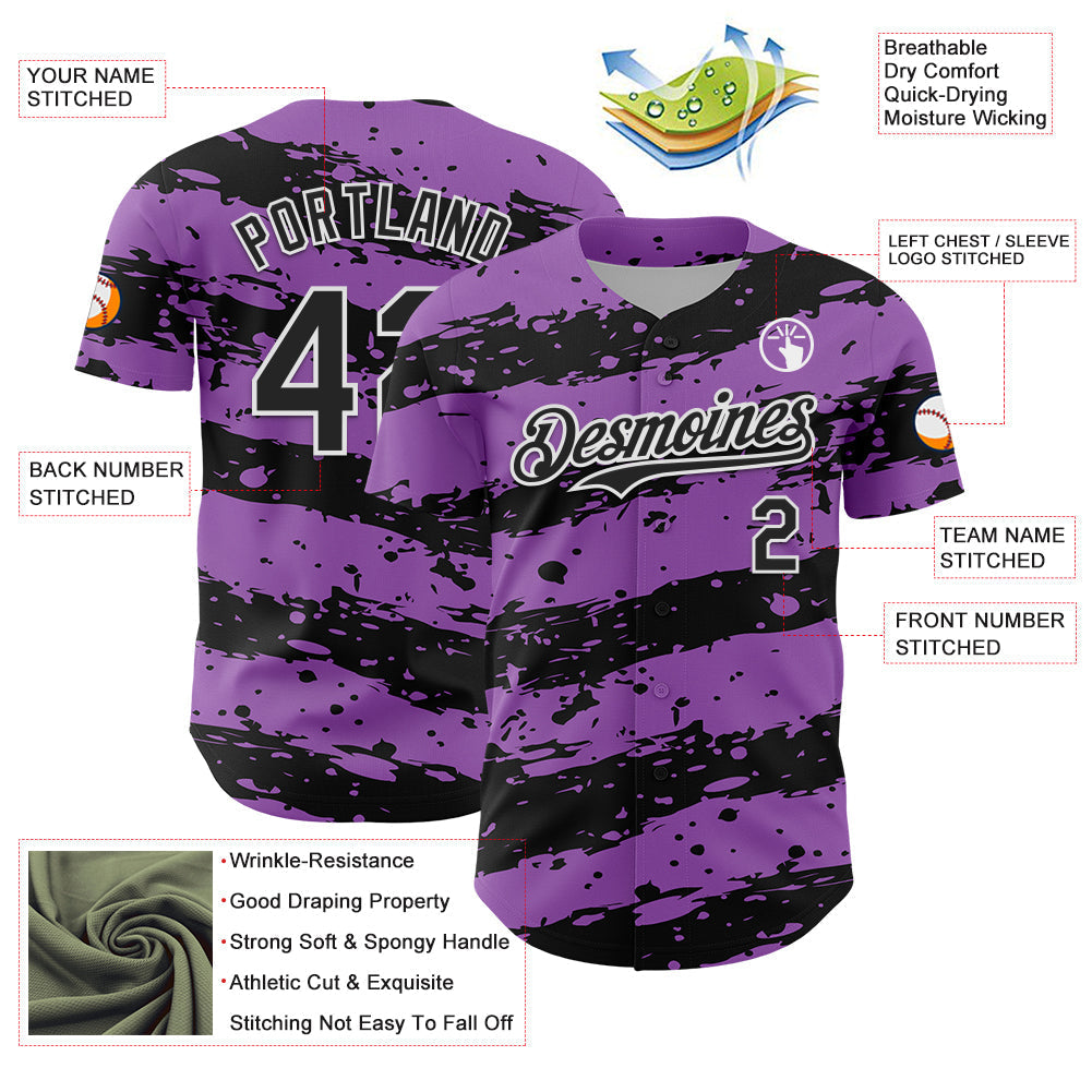 Custom Medium Purple Black-White Paint Splash Stripe Authentic Baseball Jersey baseball jersey product view 3