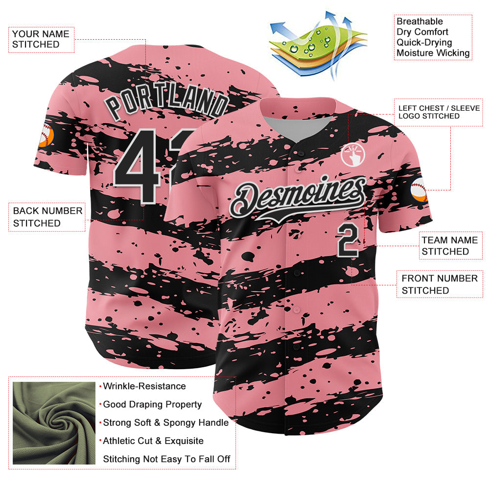Custom Medium Pink Black-White Paint Splash Stripe Authentic Baseball Jersey baseball jersey product view 3