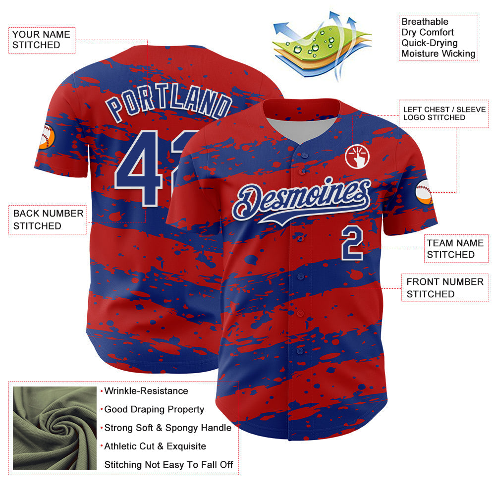 Custom Red Royal-White Paint Splash Stripe Authentic Baseball Jersey baseball jersey product view 3