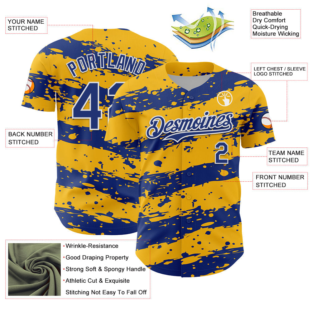 Custom Gold Royal-White Paint Splash Stripe Authentic Baseball Jersey baseball jersey product view 3