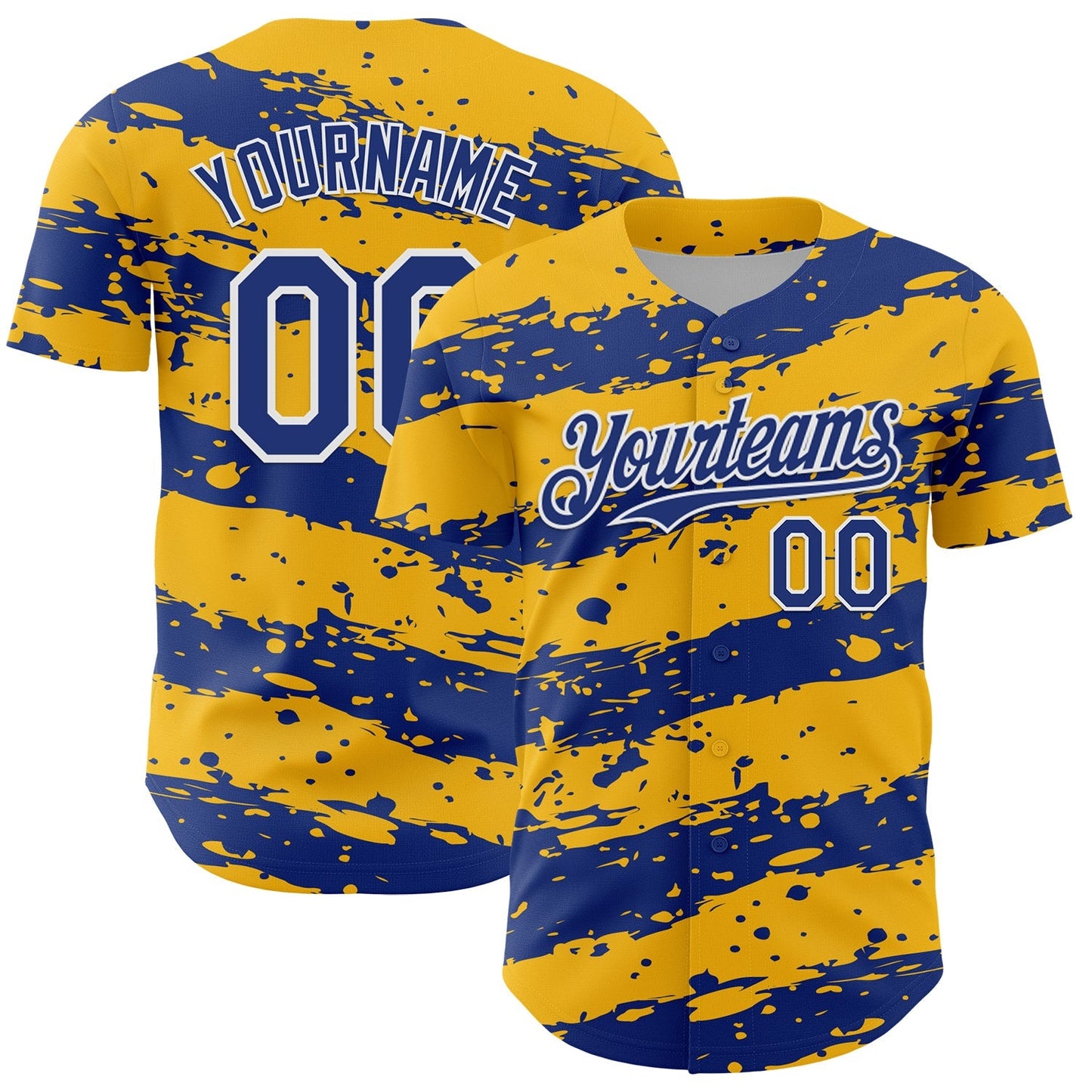 Custom Gold Royal-White Paint Splash Stripe Authentic Baseball Jersey baseball jersey product view 1