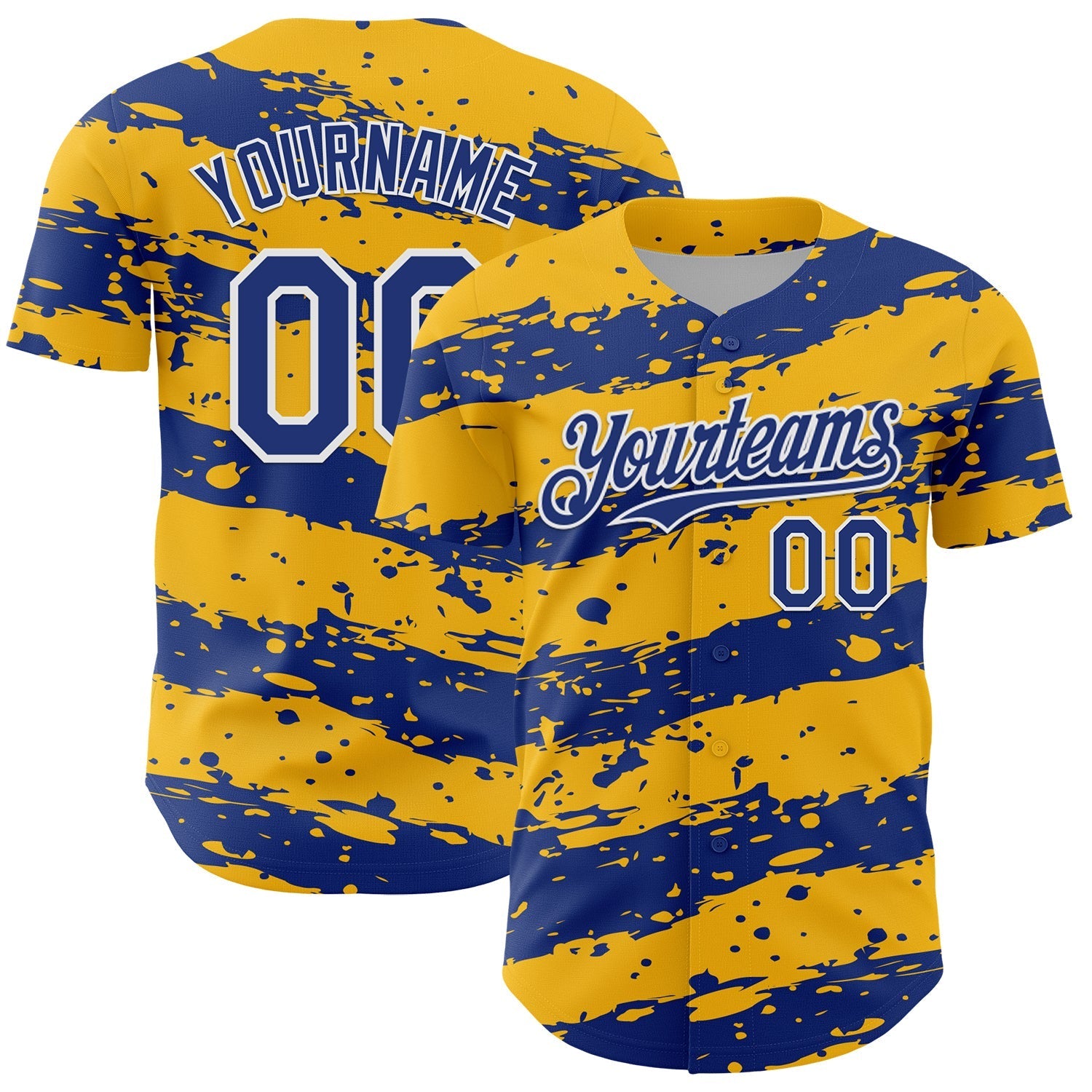 Custom Gold Royal-White Paint Splash Stripe Authentic Baseball Jersey baseball jersey product view 1