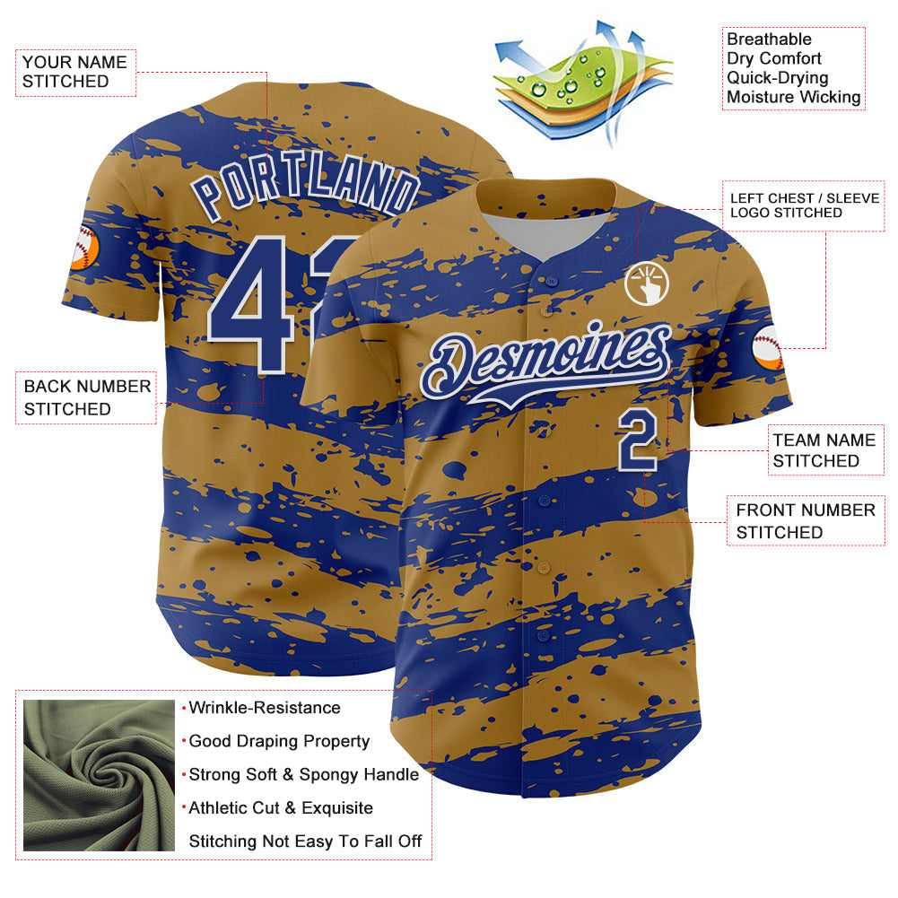 Custom Old Gold Royal-White Paint Splash Stripe Authentic Baseball Jersey baseball jersey product view 3