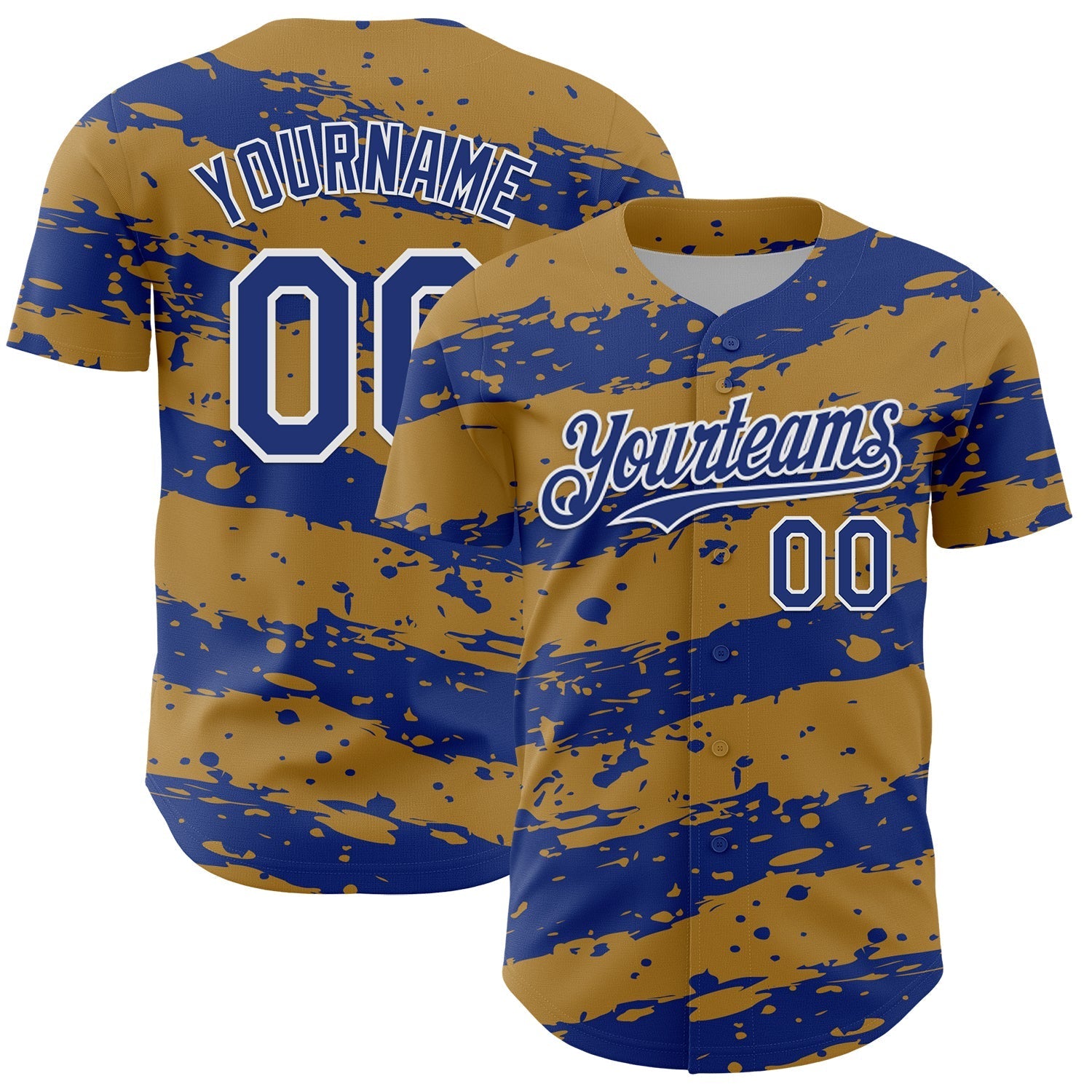 Custom Old Gold Royal-White Paint Splash Stripe Authentic Baseball Jersey baseball jersey product view 1
