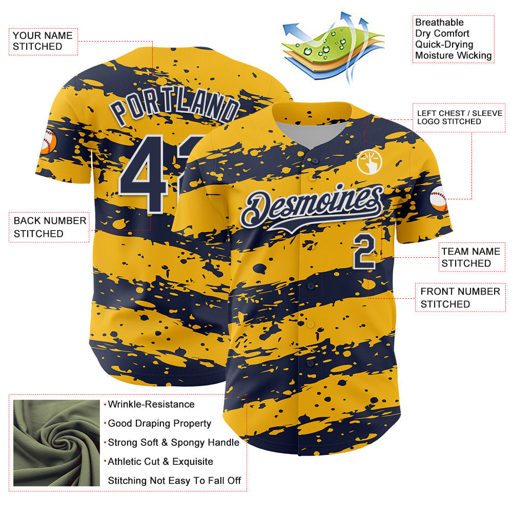 Custom Gold Navy-White Paint Splash Stripe Authentic Baseball Jersey baseball jersey product view 3