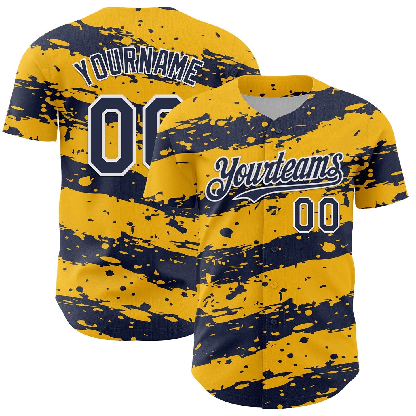 Custom Gold Navy-White Paint Splash Stripe Authentic Baseball Jersey baseball jersey product view 1