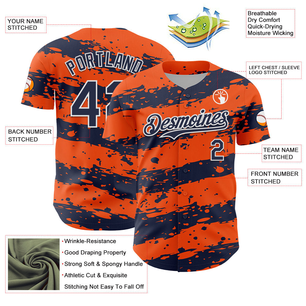 Custom Orange Navy-White Paint Splash Stripe Authentic Baseball Jersey baseball jersey product view 3