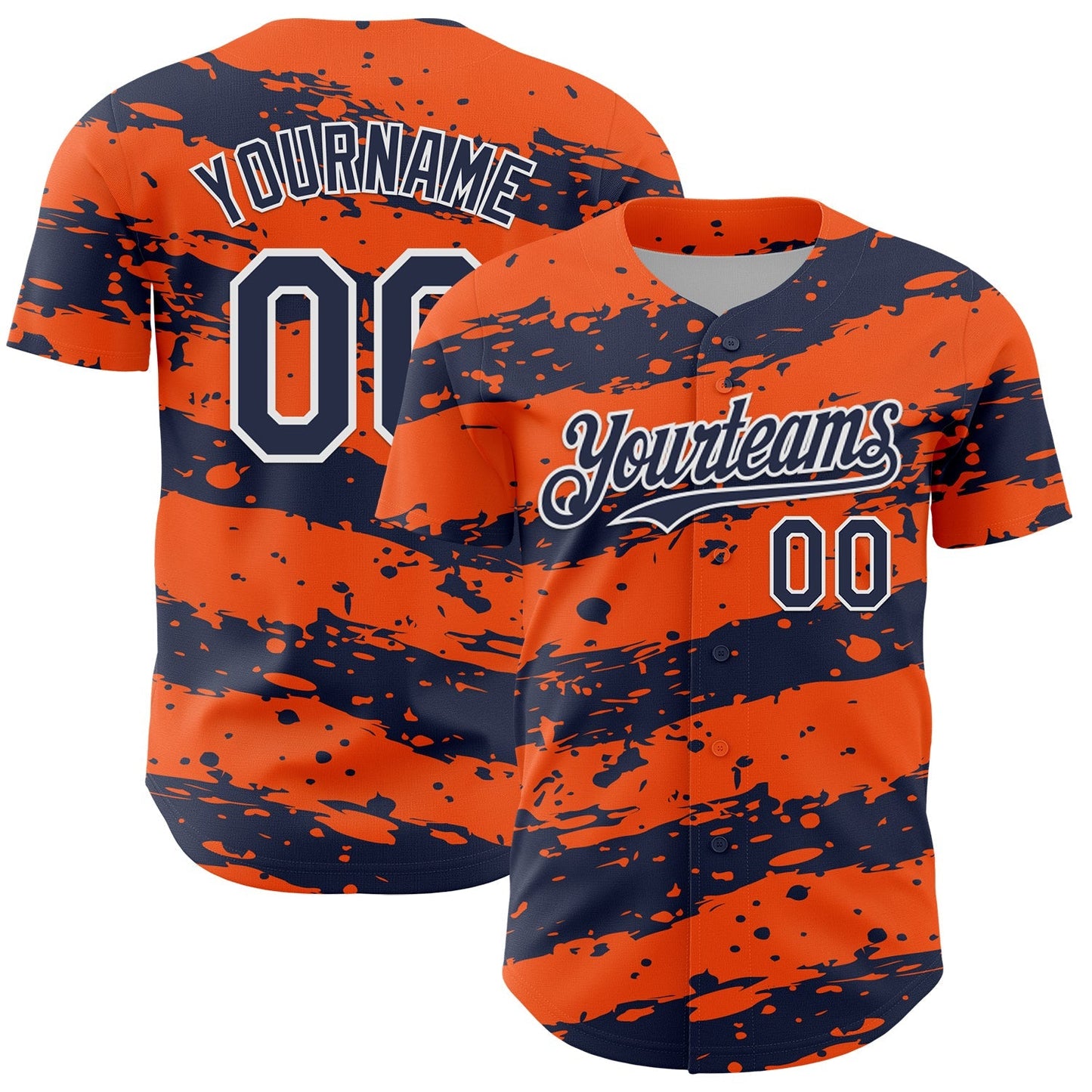 Custom Orange Navy-White Paint Splash Stripe Authentic Baseball Jersey baseball jersey product view 1