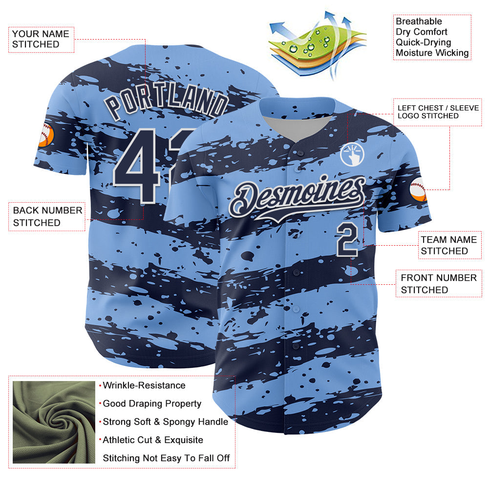 Custom Light Blue Navy-White Paint Splash Stripe Authentic Baseball Jersey baseball jersey product view 3