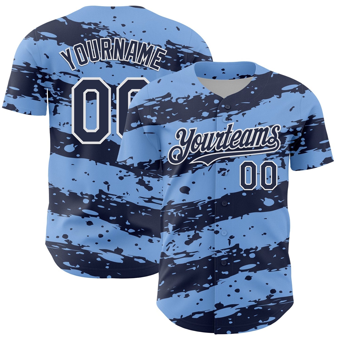 Custom Light Blue Navy-White Paint Splash Stripe Authentic Baseball Jersey baseball jersey product view 1