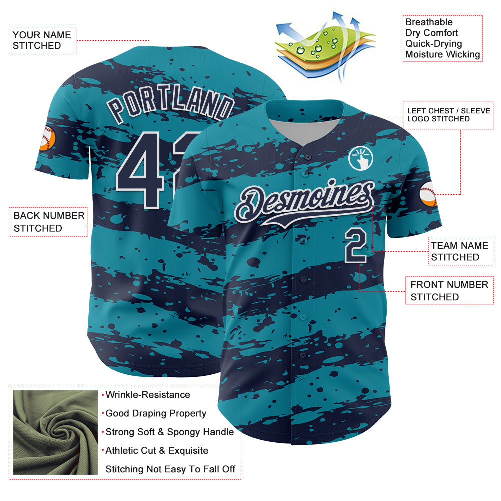 Custom Teal Navy-White Paint Splash Stripe Authentic Baseball Jersey baseball jersey product view 3