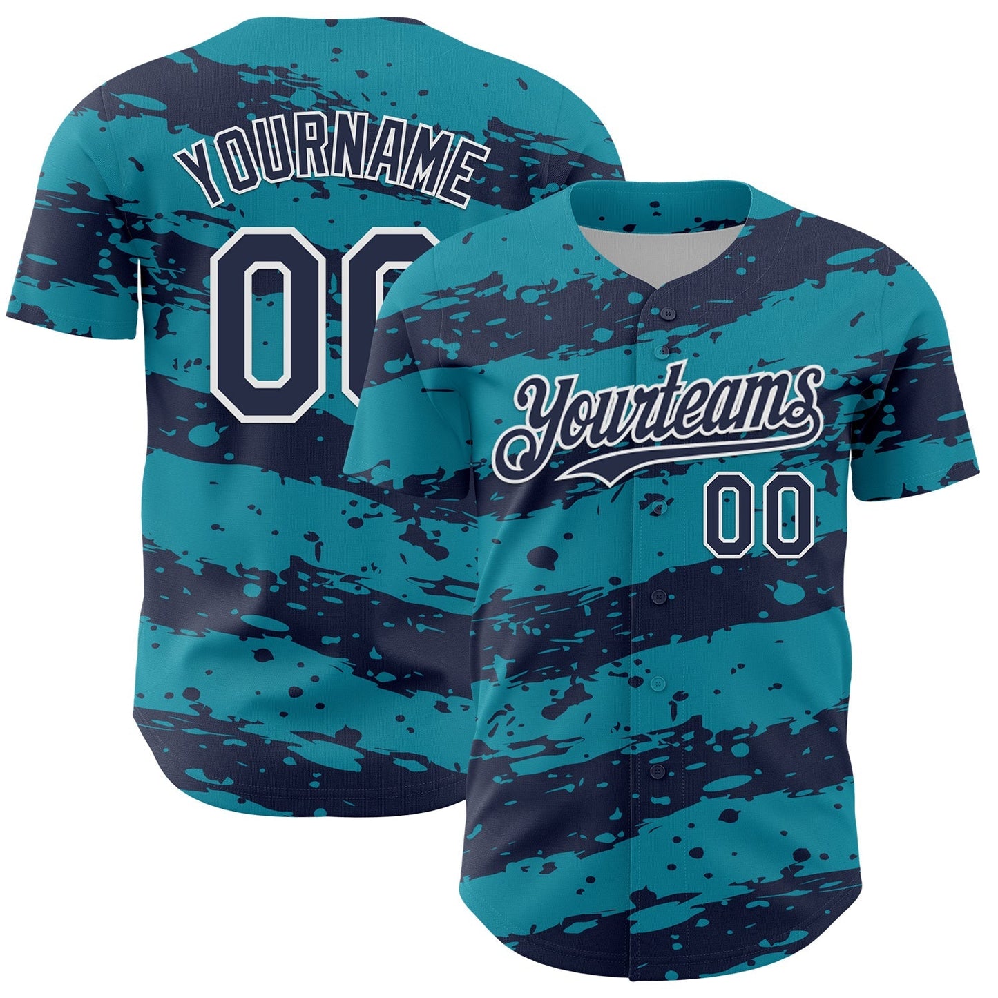 Custom Teal Navy-White Paint Splash Stripe Authentic Baseball Jersey baseball jersey product view 1