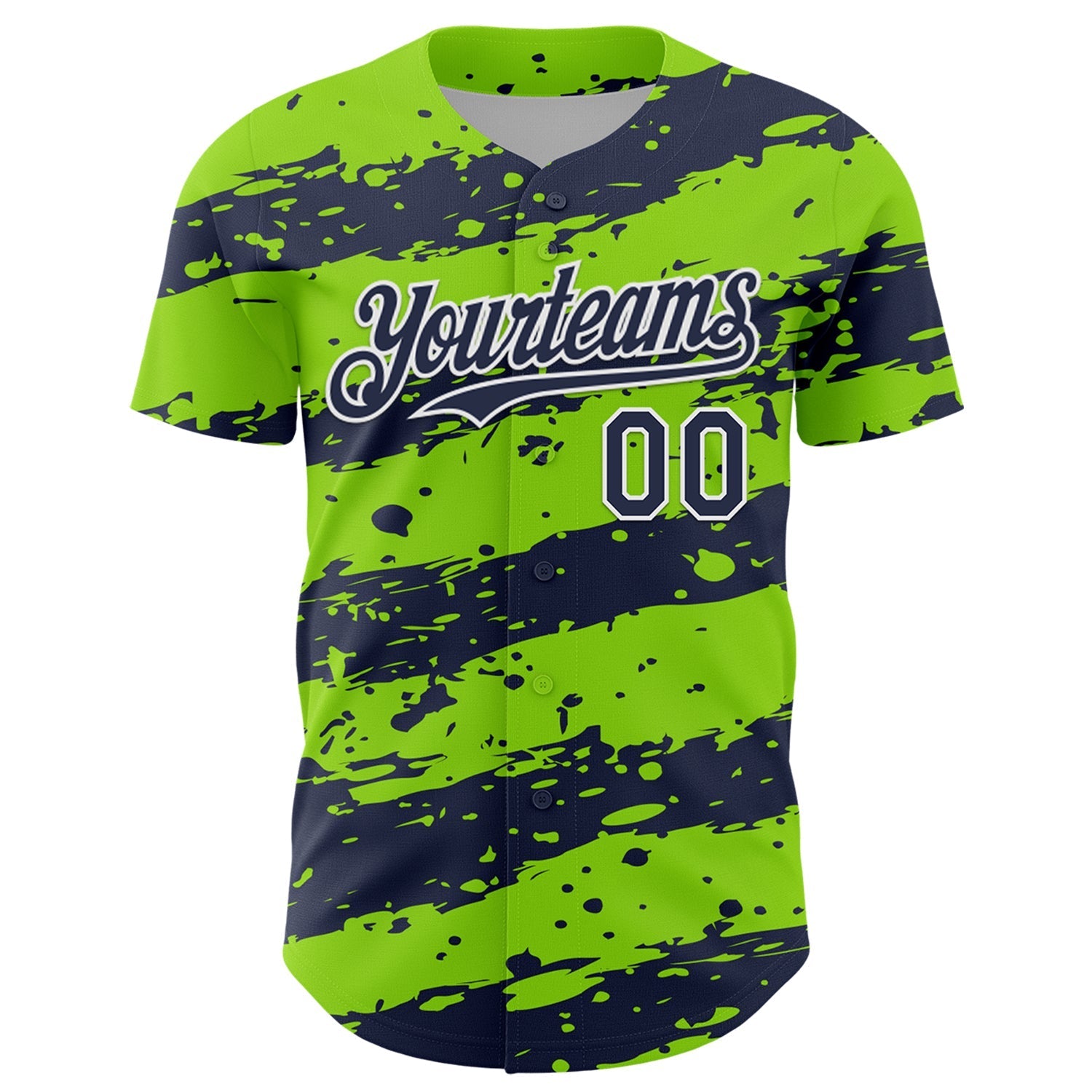 Custom Neon Green Navy-White Paint Splash Stripe Authentic Baseball Jersey baseball jersey product view 2