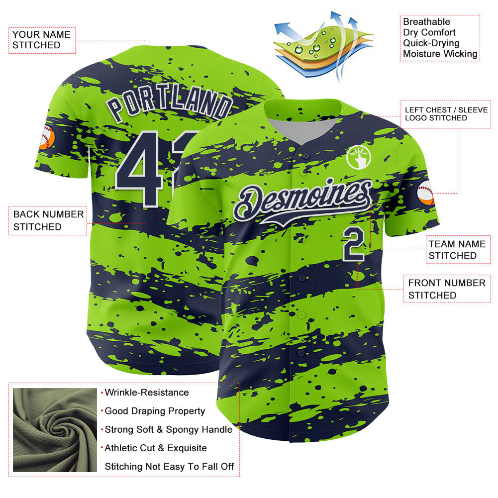 Custom Neon Green Navy-White Paint Splash Stripe Authentic Baseball Jersey baseball jersey product view 3