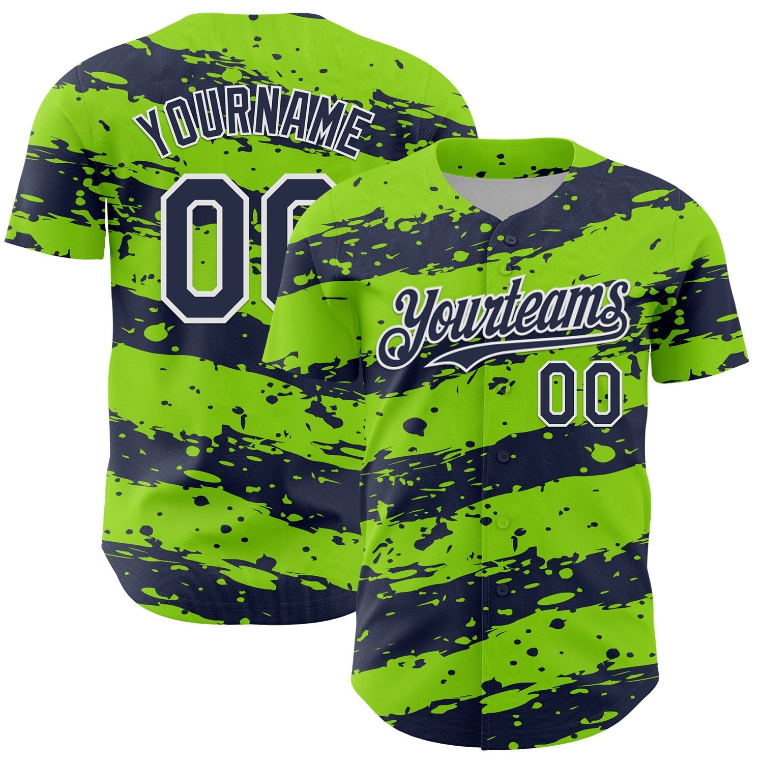 Custom Neon Green Navy-White Paint Splash Stripe Authentic Baseball Jersey baseball jersey product view 1