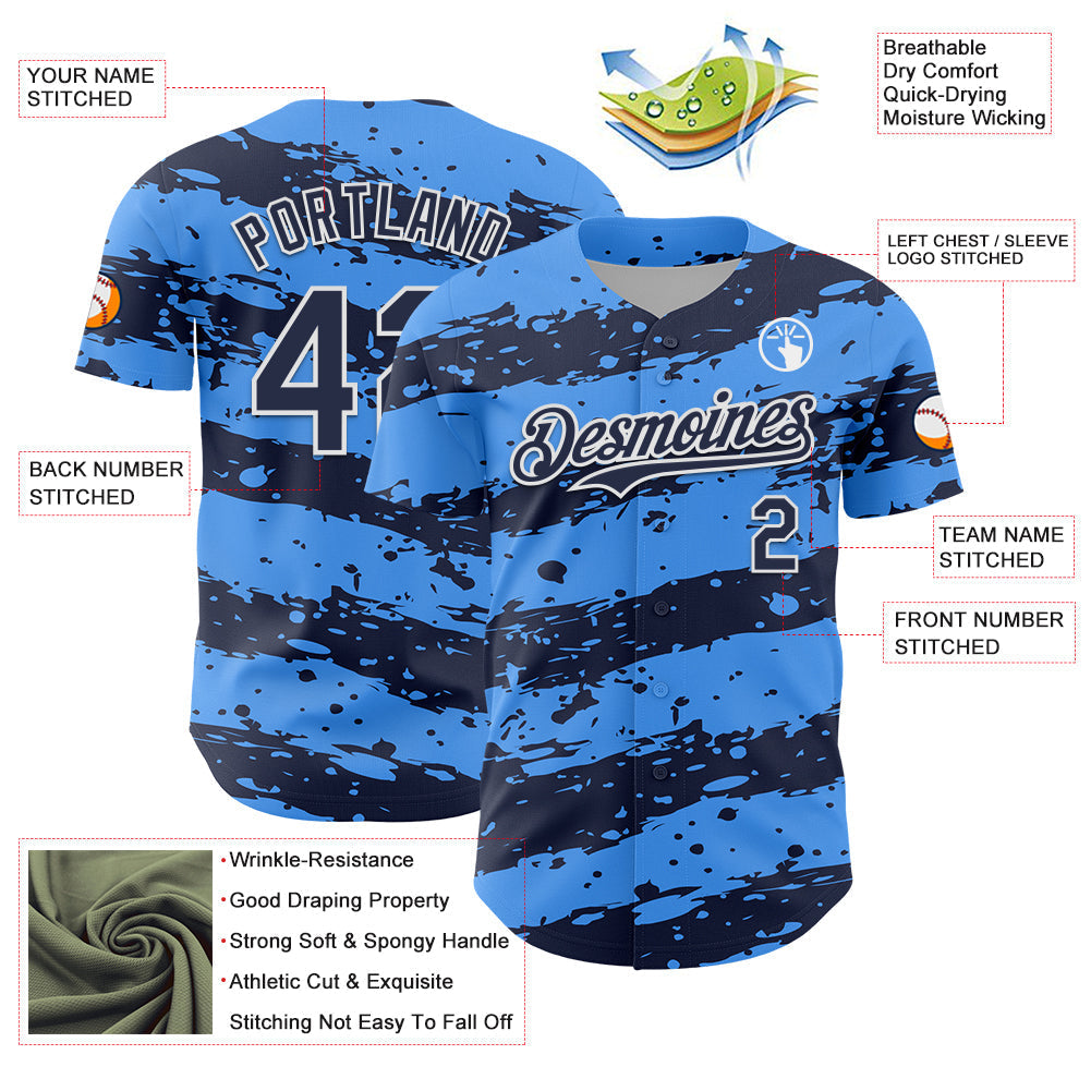 Custom Electric Blue Navy-White Paint Splash Stripe Authentic Baseball Jersey baseball jersey product view 3